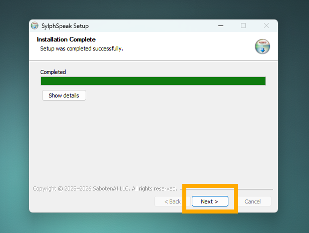 The SylphSpeak installer showing that installation has completed.