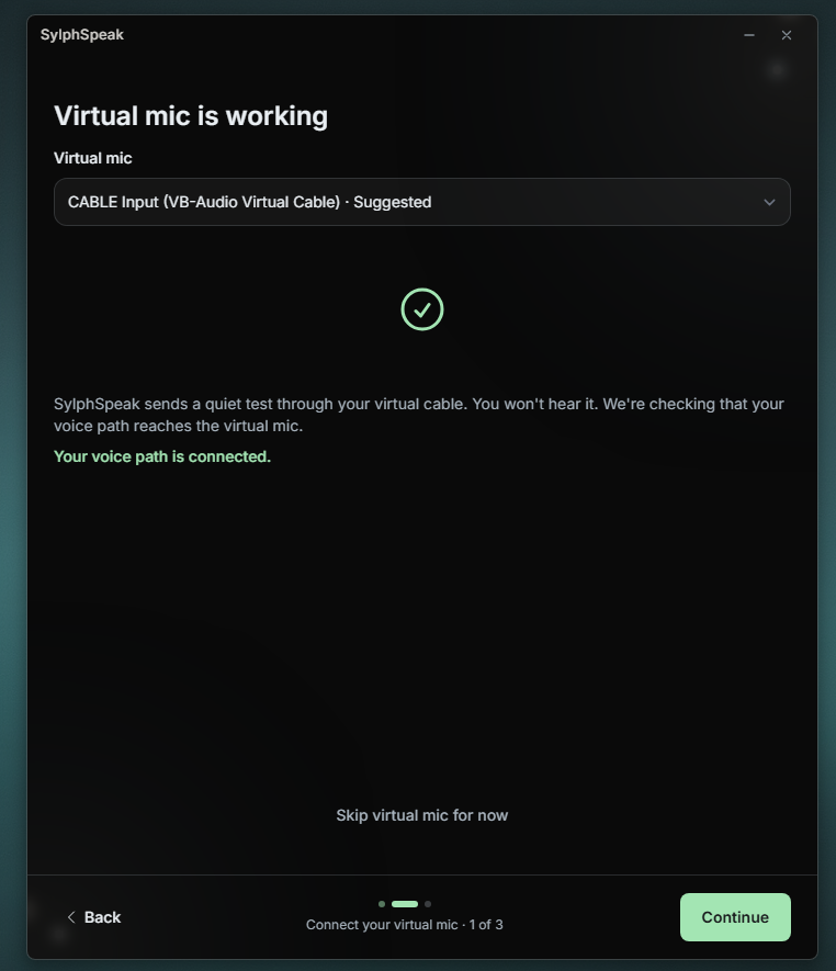 Virtual mic verification success screen showing “Your voice path is connected”.