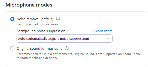 Zoom Audio settings showing Microphone modes.