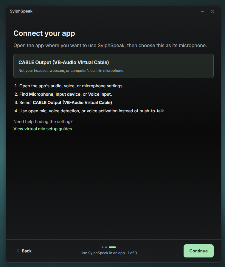 Screen showing which virtual mic name to select inside your voice app.