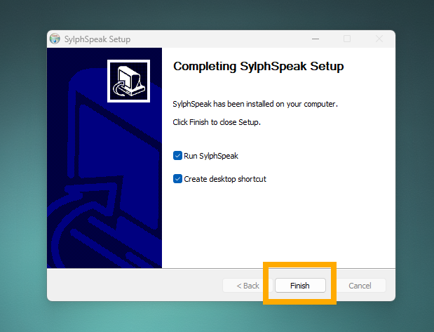 The final SylphSpeak installer screen with the Finish button.