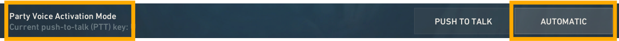 VALORANT Voice Chat settings showing Party Voice Activation Mode.