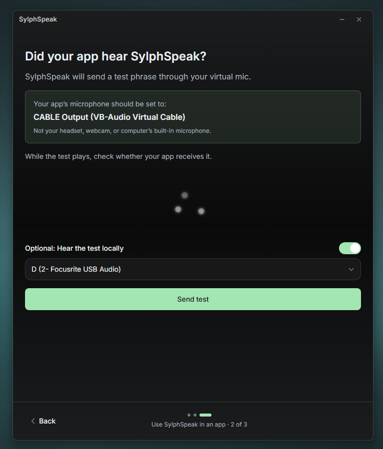 Test screen with a Send test button to play audio through your voice app.