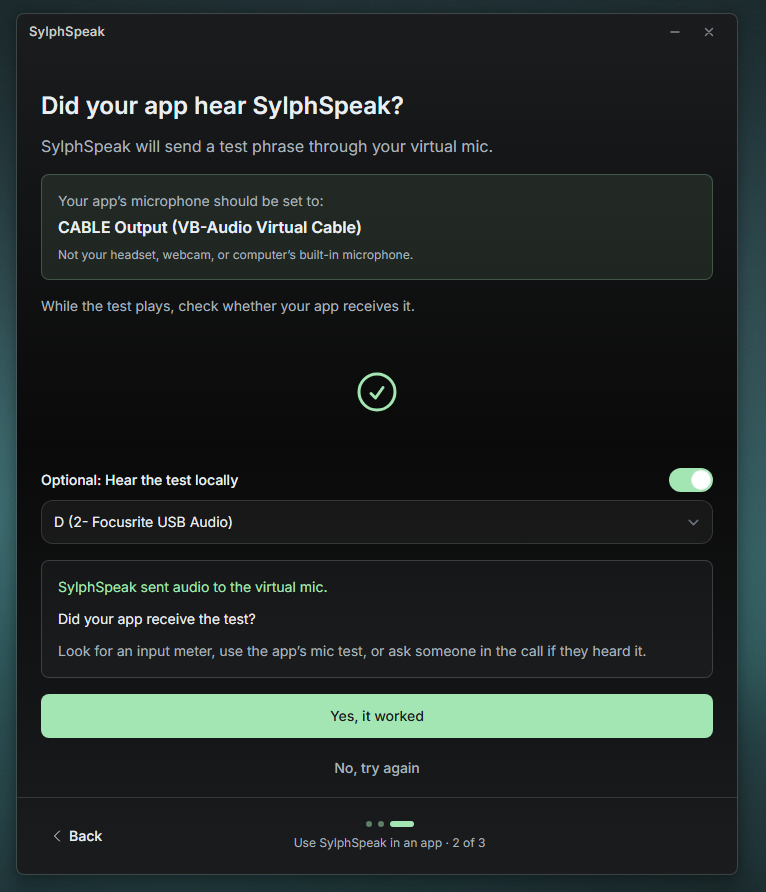 Success screen confirming the test worked in your voice app.
