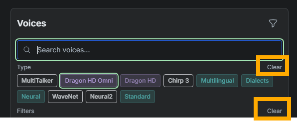 SylphSpeak Voice Selection area showing Clear filter controls.