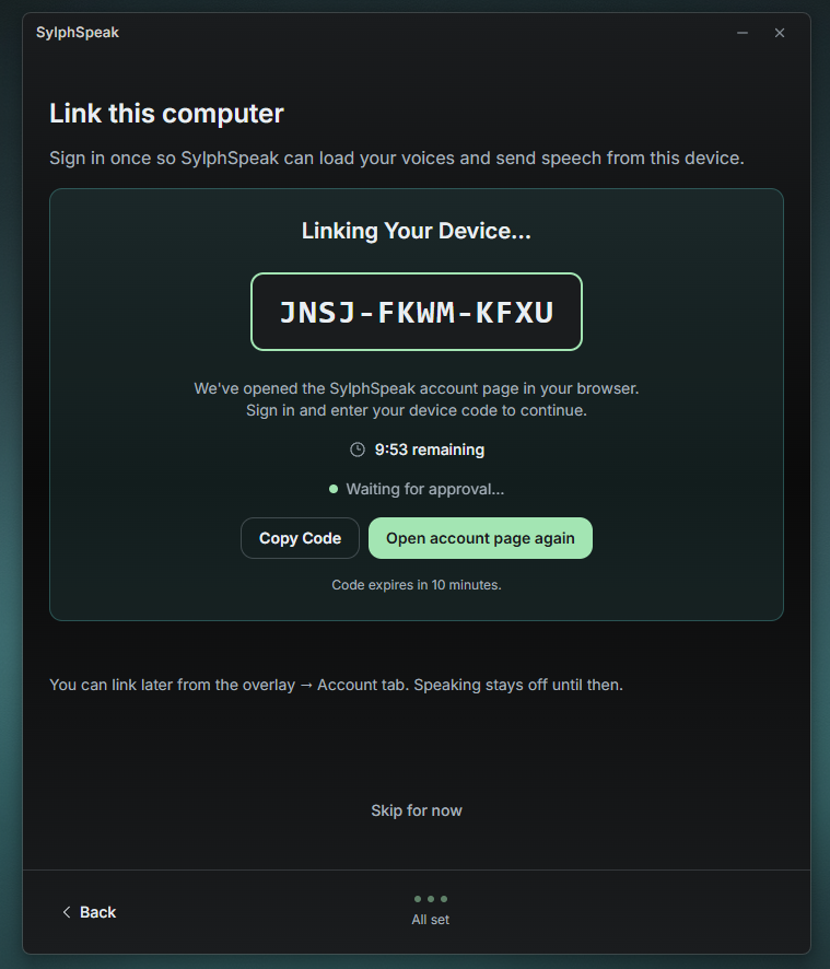 Device linking screen with a code to link this computer to your account.
