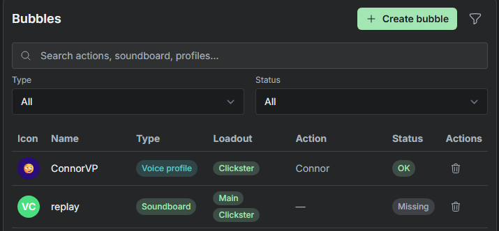 SylphSpeak Bubbles table showing bubble status and actions.