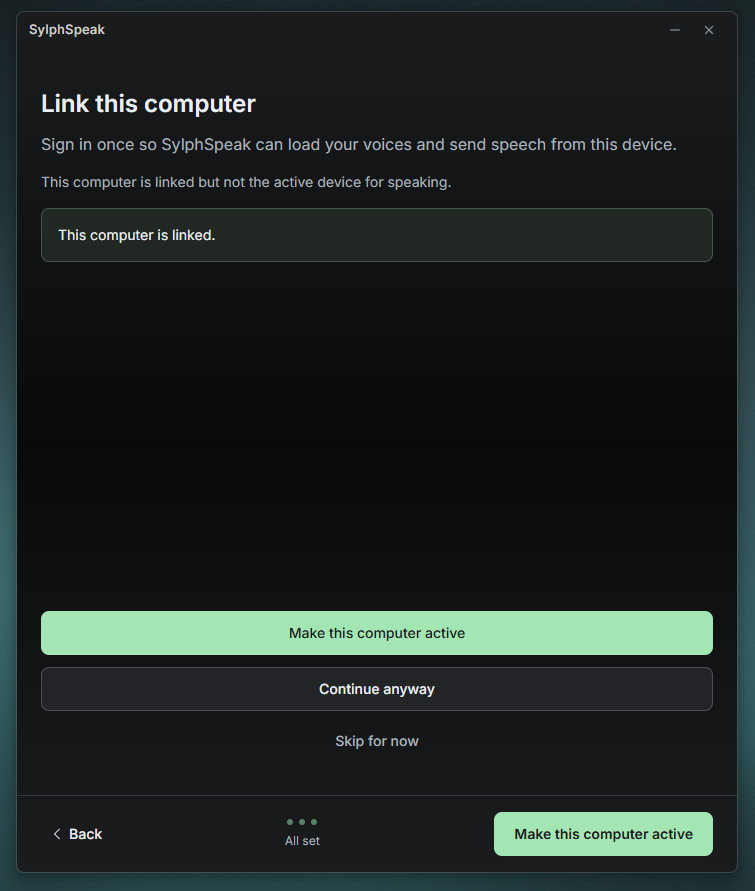 Account page showing which computer is set as the active device.