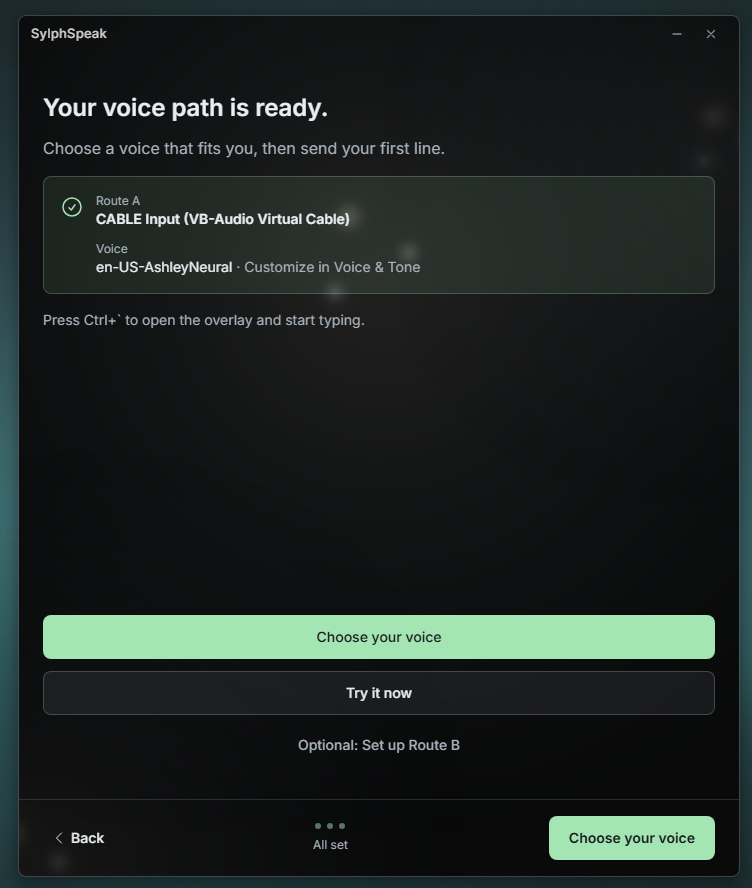 Onboarding complete screen with options to choose a voice or try SylphSpeak now.