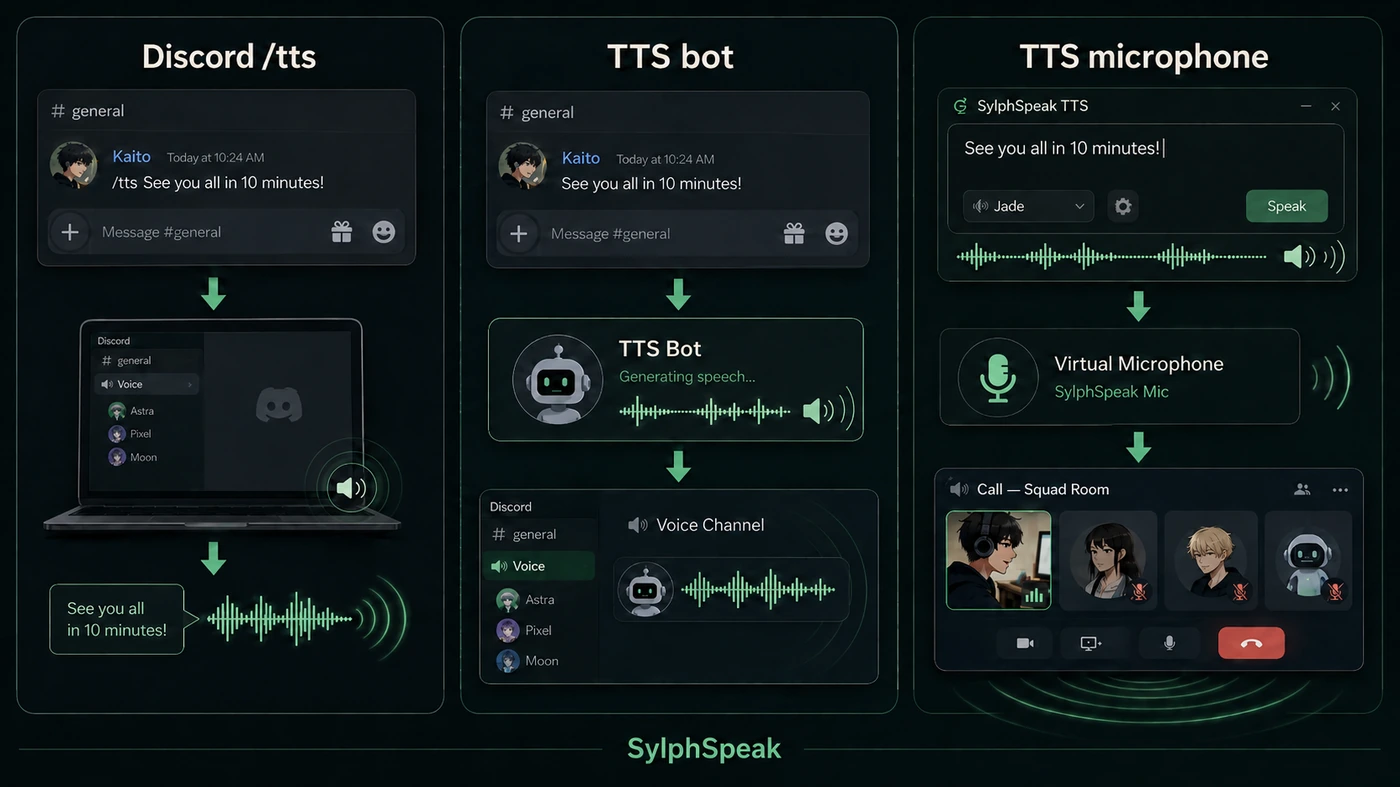 Native Discord TTS, a TTS voice bot, and a virtual-microphone TTS route shown as three different ways typed text can become audible around Discord.