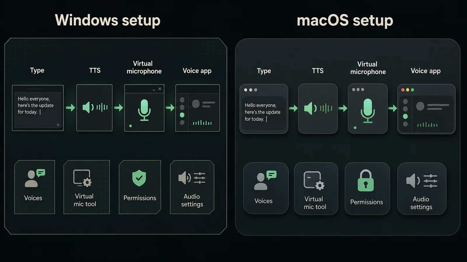 Two desktop setups show the same typed-speech path on Windows and macOS, with different surrounding voices, virtual microphone tools, permissions, and audio settings.