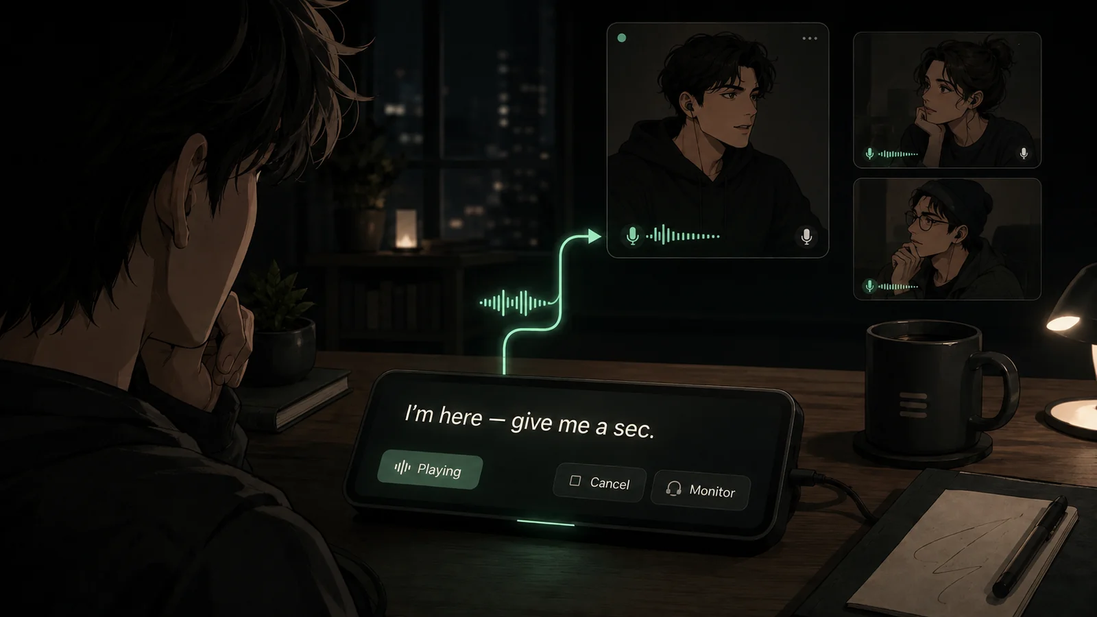 A typed-speech control surface sends a generated voice path into a live conversation, with controls for playing, cancelling, and monitoring speech.