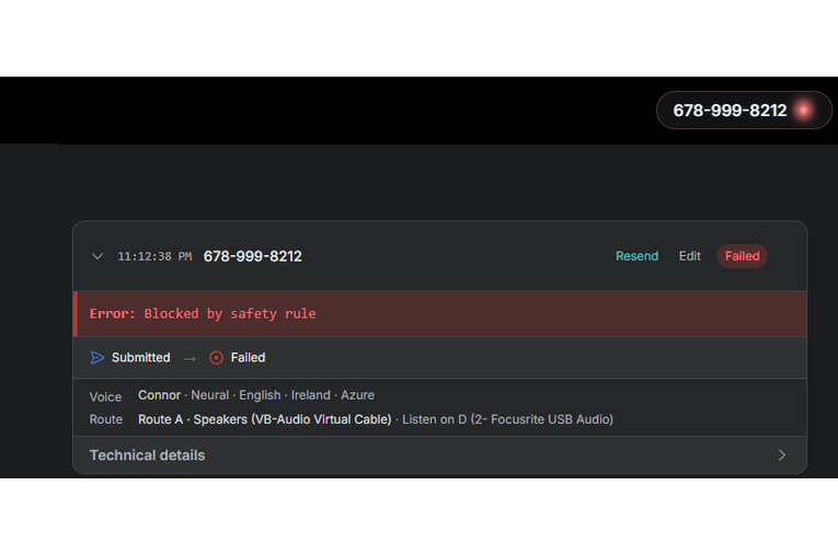 Message blocked by safety rule, showing failed delivery status with voice and route details