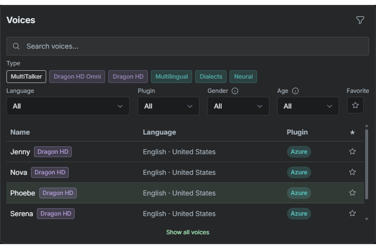 Voices panel with search, type filters, and a list of Azure voices including Jenny, Nova, Phoebe, and Serena