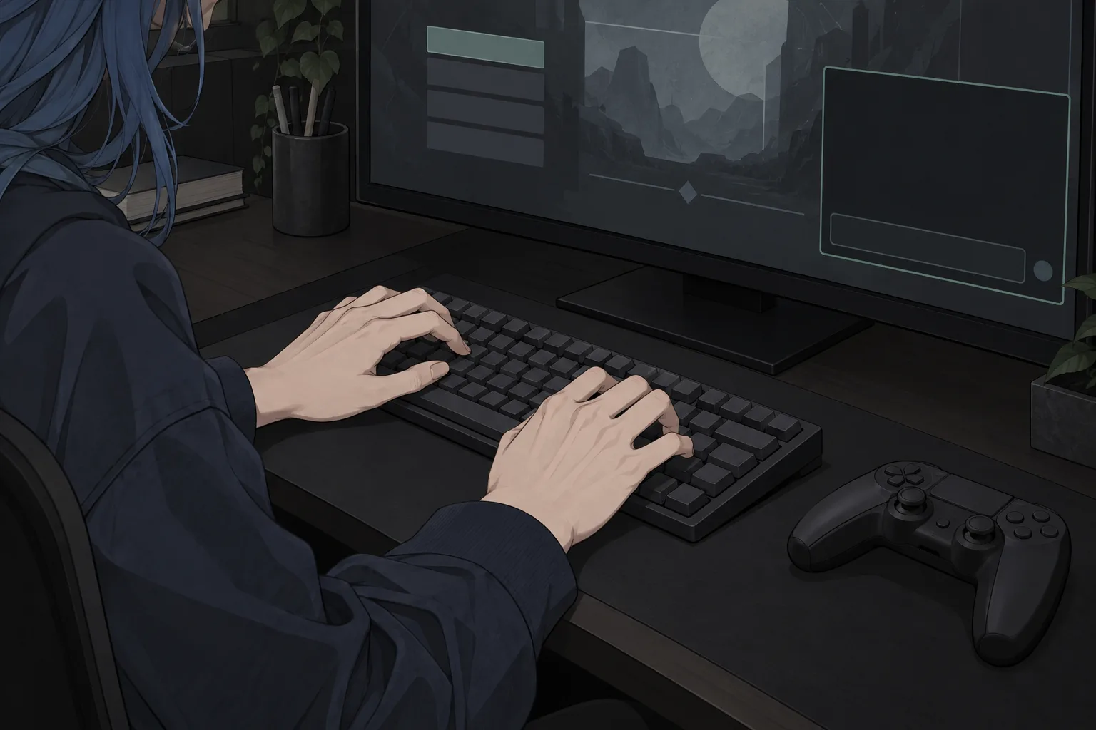 Close-up of a creator typing beside a controller while the game is paused at a menu.